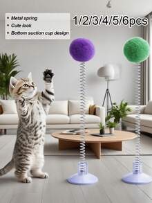 1/2/3/4/5/6pcs Random Color Suction Cup Cat Teaser Wand, Random Color Strong Suction Cup Cat Toy, Plush Ball + Spring Lollipop, Pet Toy, Suitable For Active Play, Satisfy Cat's Instinct, Multiple Styles, Suitable For Cats, Release Cat's Instinct, Etc. - Multicolor - View 1