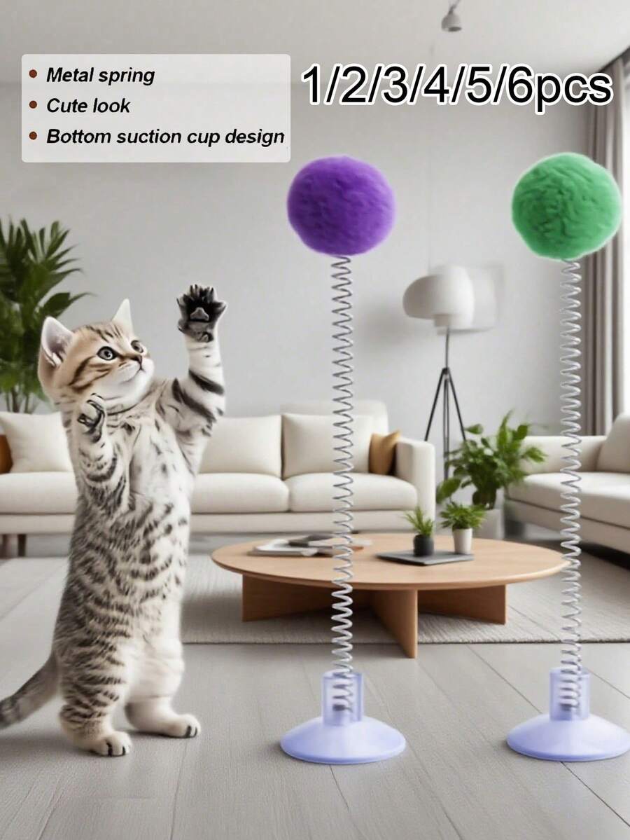 1/2/3/4/5/6pcs Random Color Suction Cup Cat Teaser Wand, Random Color Strong Suction Cup Cat Toy, Plush Ball + Spring Lollipop, Pet Toy, Suitable For Active Play, Satisfy Cat's Instinct, Multiple Styles, Suitable For Cats, Release Cat's Instinct, Etc. - Multicolor - View 1