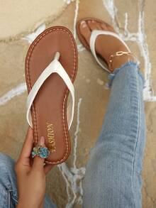 Spring/Summer New Toe-Post Sandals, Round Toe Flat Flip-Flops, Casual Indoor/Outdoor Slides - White - View 7