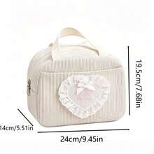 Lace Heart Striped Cream Corduroy Heart Lunch Bag With Lace Decoration, Handheld Large Capacity Insulated Lunch Box Storage Bag - White - View 2
