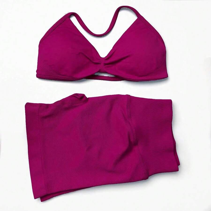 Conjuntos de sujetadores Halter de Yoga sin costuras, 2 piezas, pantalones cortos deportivos con fruncido en la parte de atrás, Tops cortos de gimnasio - Rojo frutal - Ver 1