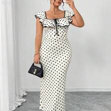 jianchaimaoyi02  Vestido maxi ajustado elegante de lunares para mujer de talla grande, con mangas con volantes, cuello cuadrado, cómodo y elástico, - Multicolor - Ver 7