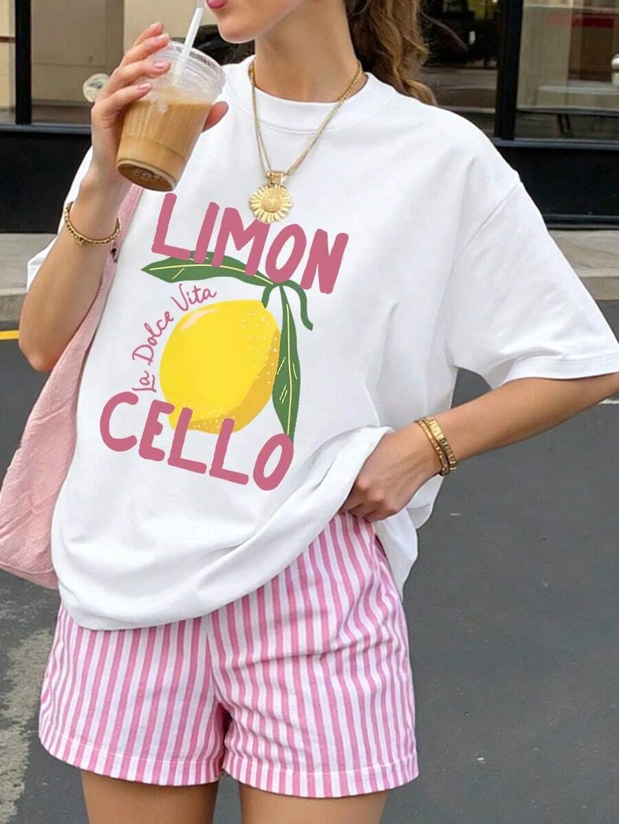 Top para mujer con estampado de limones frescos Ideal para salidas, estilo urbano casual y deportes - Blanco - Ver 1