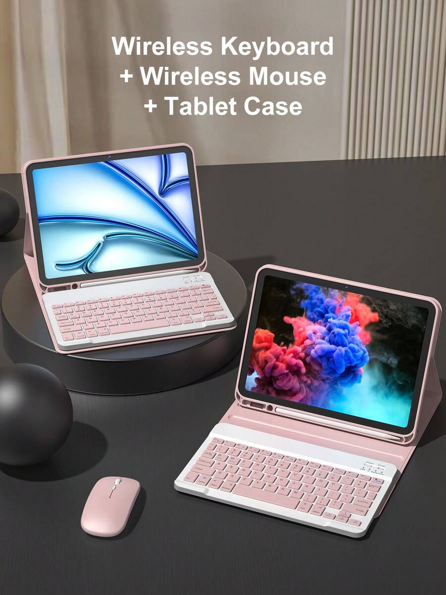 适用于 iPad A16（11/10 代、9/8/7 代，10.2 英寸）、iPad Air（10.9 英寸、11 英寸）的无线键鼠套装，包含 PU 皮革平板电脑配件、可拆卸无线键盘（150mAh 电池）和带笔槽的保护套，粉色