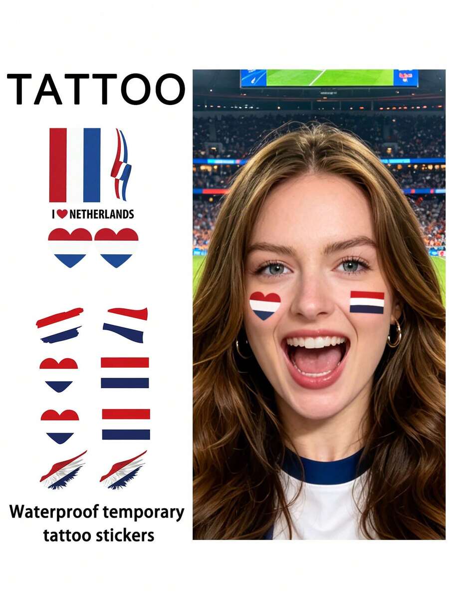 2Pcs Flag Tattoo Temporary Tattoo Netherlands Football Waterproof Sweatproof Disposable For Women And Mem Face Arm Waist Chest Leg Abdomen Neck Hand Finger Back - Multicolor - View 1