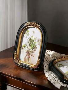 Black And Gold Vintage Arched Photo Frame, 5x7 And 8x10 Inch Vintage Photo Frame, Exquisite Black And Gold Floral Pattern, Handmade Textured Resin, Antique Style Photo Frame, Suitable For Wall Decor, Also As Wedding Bride Gift Or Holiday Gift. - A - View 3