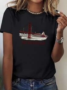 Teediy Women's T-Shirt With San Francisco Bridge And City Skyline Design, Solid Color, Comfortable And Fitted - 黑 - 查看 1