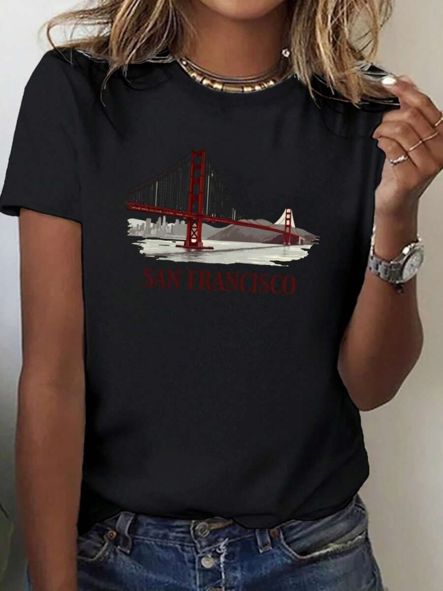 Teediy Women's T-Shirt With San Francisco Bridge And City Skyline Design, Solid Color, Comfortable And Fitted - 黑 - 查看 1