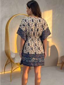 KIARA BRAZIL Women's Short Printed Kaftan Dress With A Flowing Silhouette - #02501 - Navy Blue - View 2