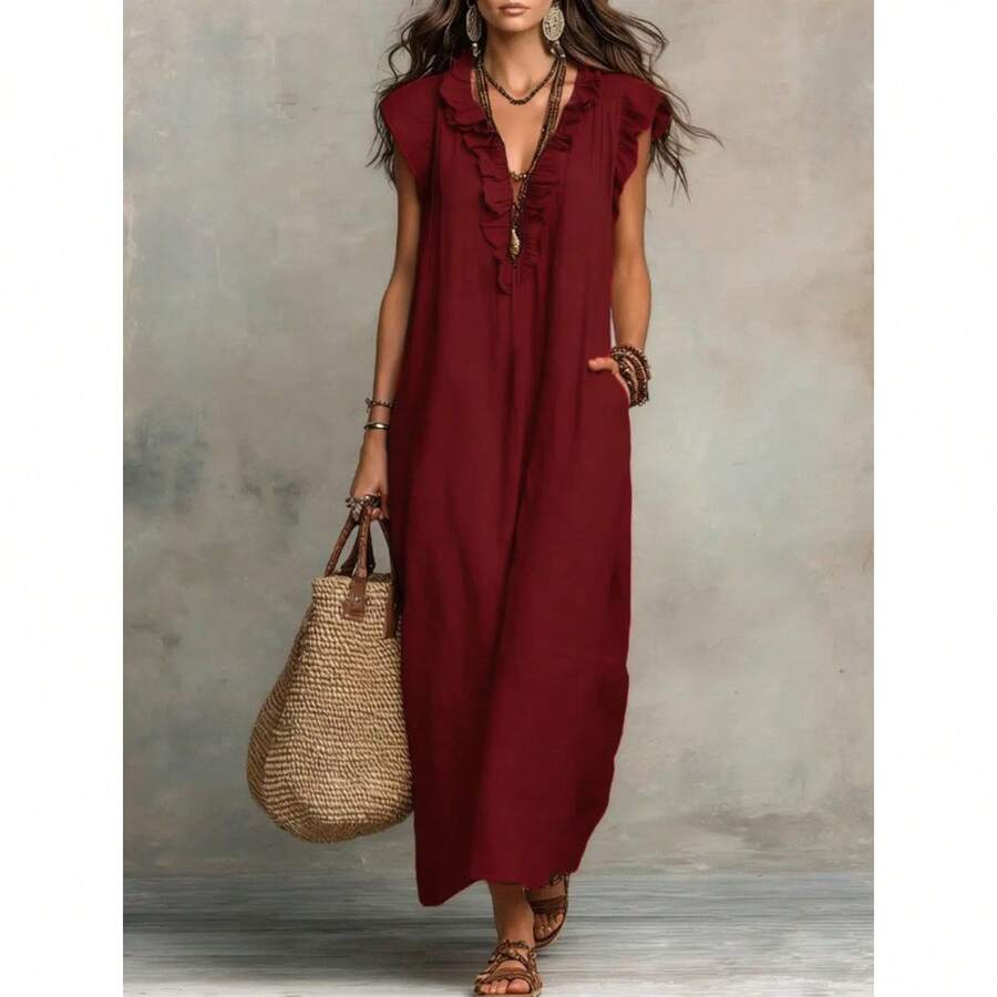 2026 European And American Spring And Summer New Bohemian Flying Sleeves And Ground Length - Burgundy - View 1