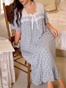 Camisón de encaje con estampado de lazo gris estilo vintage francés para mujer de talla grande, mangas cortas abullonadas + diseño de puño con volantes, encaje de contraste, suave y dulce - Gris Claro - Ver 5
