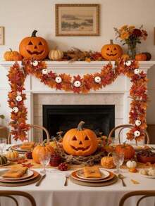100/200 Cm Halloween Autumn Maple Leaf Vine, Artificial Maple Leaf Wreath With White Pumpkin Vine, Suitable For Indoor And Outdoor Party Decorations, Autumn Home Decorations, Room Decorations, Garden And Courtyard Fireplace Decorations - Multicolor - View 3