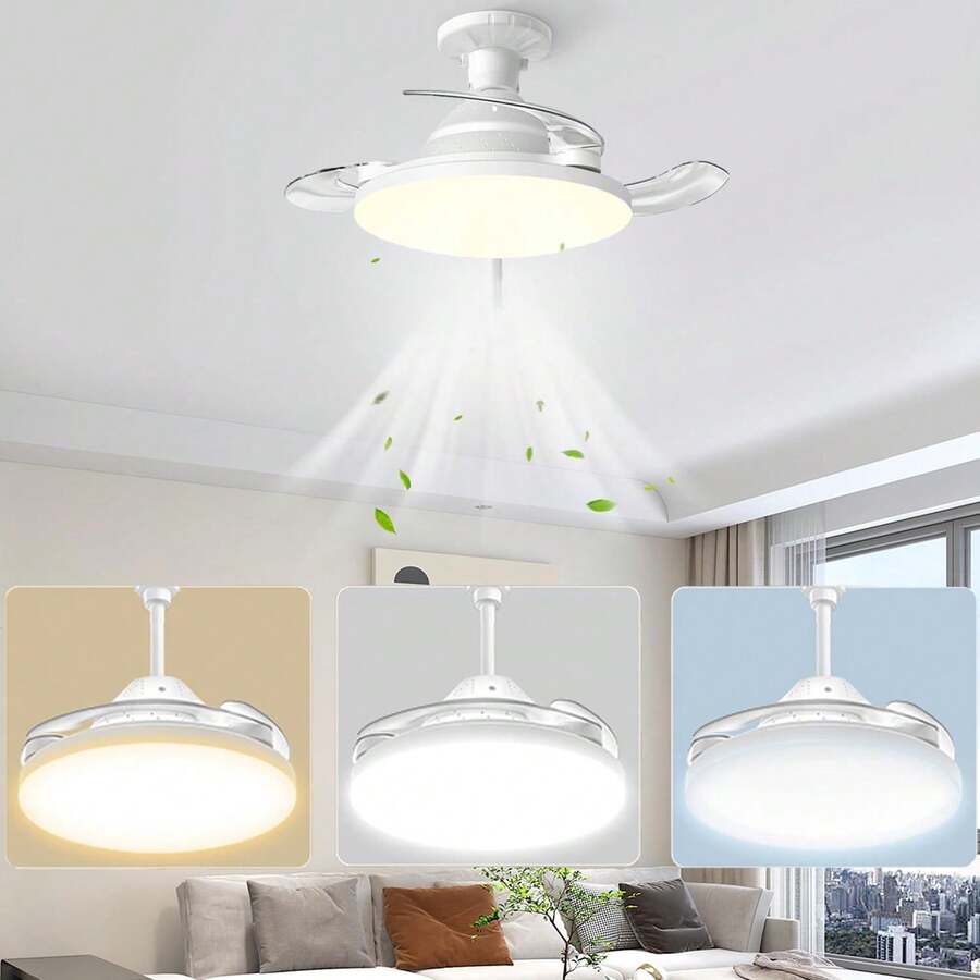 Retractable Ceiling Fan With 3-Tone LED Light, Silent DC Motor, Remote Control, Invisible Blades, Reversible For Summer And Winter, Modern Interior Design