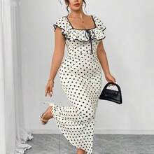 jianchaimaoyi02  Vestido maxi ajustado elegante de lunares para mujer de talla grande, con mangas con volantes, cuello cuadrado, cómodo y elástico, - Multicolor - Ver 1