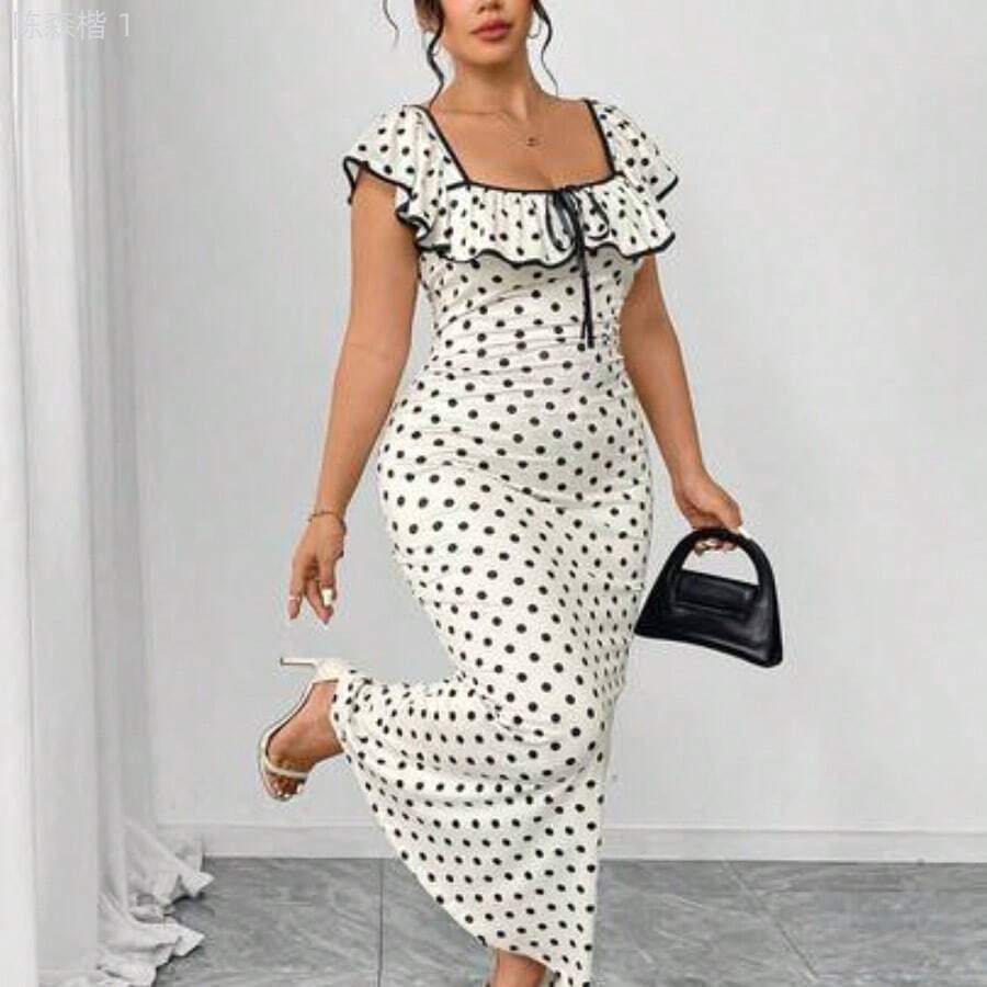 jianchaimaoyi02  Vestido maxi ajustado elegante de lunares para mujer de talla grande, con mangas con volantes, cuello cuadrado, cómodo y elástico, - Multicolor - Ver 1