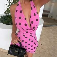 New Polka Dot Halter Dress With Off-The-Shoulder Neckline - Pink - View 6
