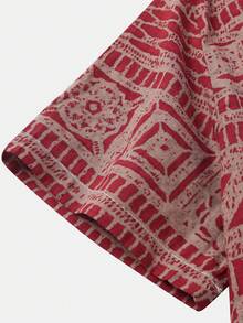 Men's Short Sleeve Geometric Print Linen-Feel Casual Beach Vacation Shirt (Asymmetric Cut) - Red - View 5