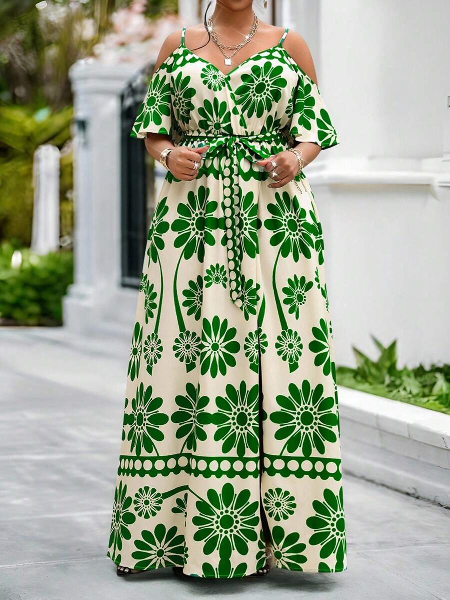Fleurora Vestido de playa de verano con estampado floral y hombros descubiertos con cinturón para mujer de talla grande - Multicolor 2 - Ver 1
