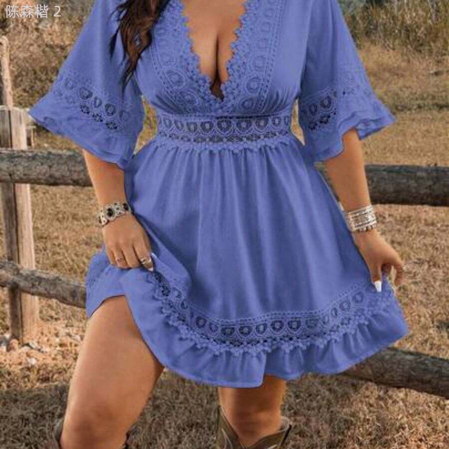 xuehuamaoyi02 Ceyna Vestido de verano casual de talla grande para mujer, de manga corta, con cuello en V, encaje calado, cintura ajustada y línea A, ideal para vacaciones y viajes - Azul - Ver 1