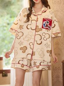 Gongdie 2pcs Disney Women's Pajama Set, Summer Soft Breathable Cotton, Red Trim Vintage Mickey Print Loungewear - Apricot - View 9