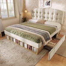 Letto matrimoniale 140x200 imbottito in velluto beige con rete a doghe, struttura del letto con testiera curva regolabile in altezza, letto con cassetti e vano contenitore, letto imbottito per camera da letto senza materasso. - Beige - Visualizzare 4