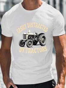 Camiseta de manga corta con cuello redondo para hombre, estilo casual, con estampado de tractor vintage, talla, para verano. - Blanco - Ver 1