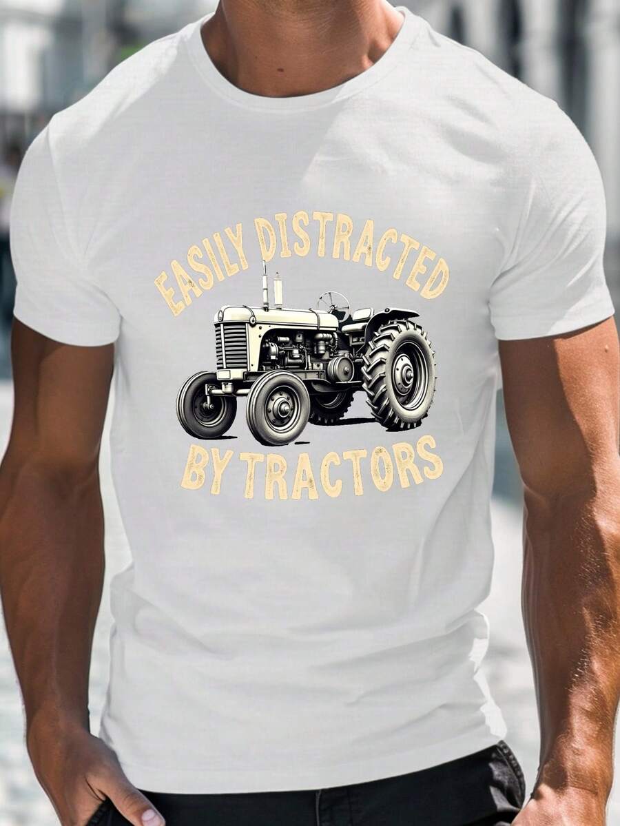 Camiseta de manga corta con cuello redondo para hombre, estilo casual, con estampado de tractor vintage, talla, para verano. - Blanco - Ver 1