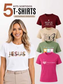 Kit 5 T-shirt Feminina Blusa Baby Look Camiseta Blusinha - Multicolorido - Visão 2