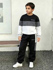Conjunto de moletom e calça com estampa de letras e contraste de cores para meninos adolescentes - Preto - Ver 1
