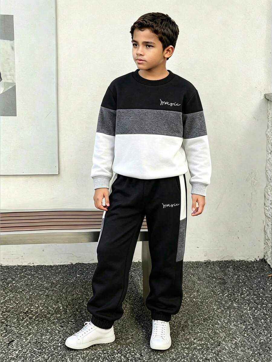 Conjunto de moletom e calça com estampa de letras e contraste de cores para meninos adolescentes - Preto - Ver 1