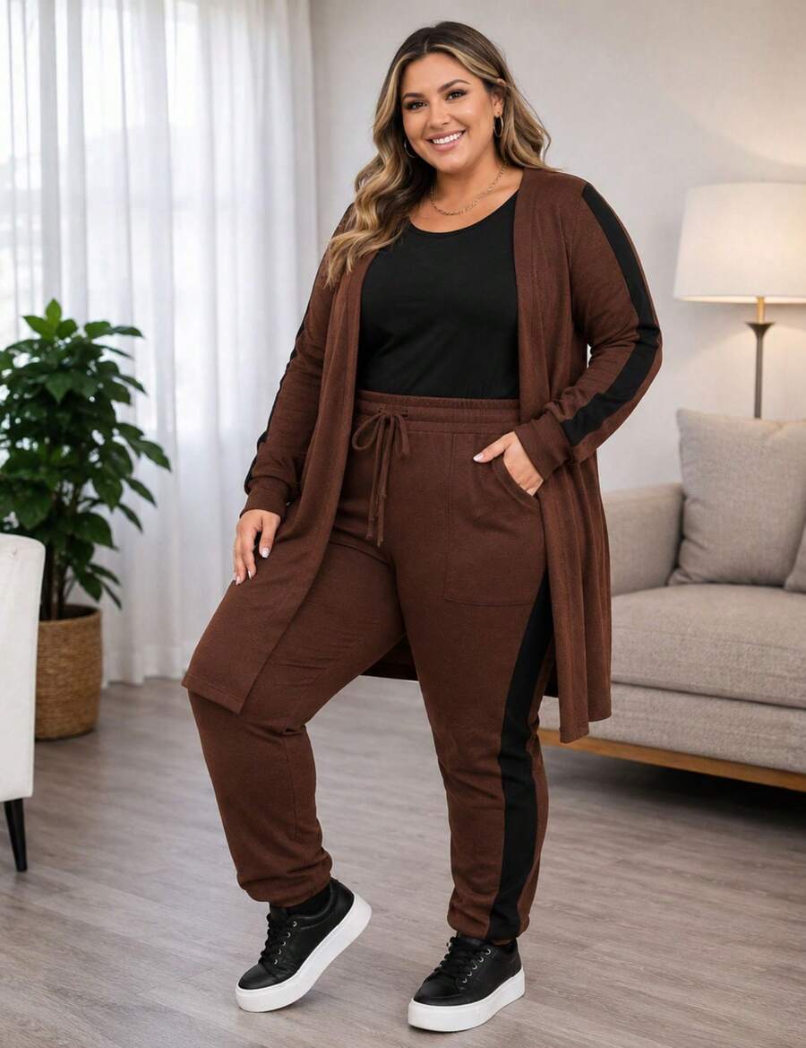 3-Piece Set: Kimono + Blouse + Pants, Plus Size, Women's, Pockets, Premium Line, Lightweight Wool, Sizes GG, G2 And G2, Comfortable - 鏽棕色 - 查看 1