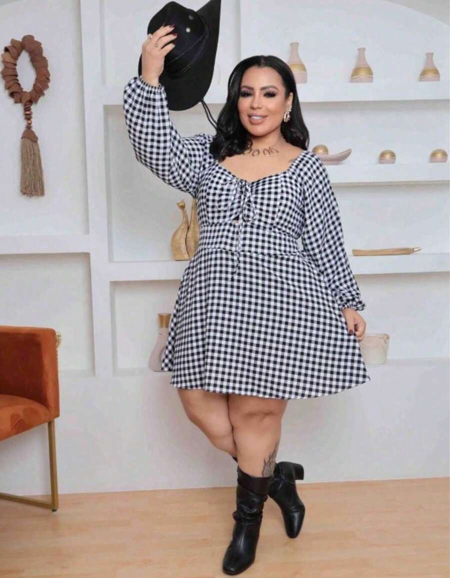 Women's Plus Size Loose-Fitting Checkered Jumpsuit Dress - Black and White - View 1