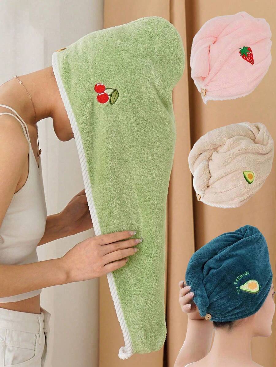 珊瑚絨刺繡水果髮乾帽,吸水柔軟,少女風,女用髮乾帽,優雅髮乾帽,化妝髮帶帽,田園風,浴室居家髮乾帽 - 綠色 - 查看 1