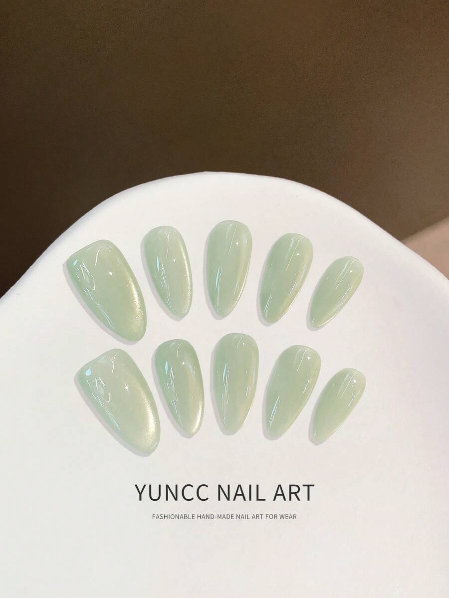 10pcs Handmade Cat Eye Pressure Nails, Medium Almond Gloss Fake Nails, Reusable Full Set Of Fake Nails Suitable For Daily Use