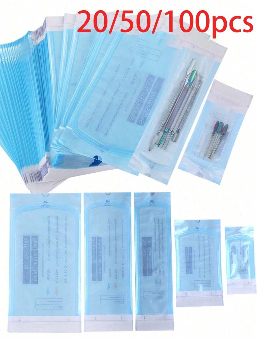 100/50/20入拋棄式自封滅菌袋，4種尺寸，適用於美甲工具、不鏽鋼鑽頭、鑷子、剪刀及其他美甲用品的消毒與存放