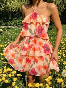 Vestido elegante de verano con estampado floral, cuello halter y volantes en el bajo para mujer - Naranja Coral - Ver 11