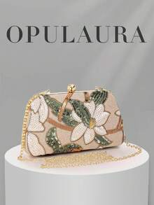 OpulAura 優雅亮面多色葉片與花卉拼接斜挎手拿包，適合婚禮，隨機圖案 - 杏色 - 查看 2