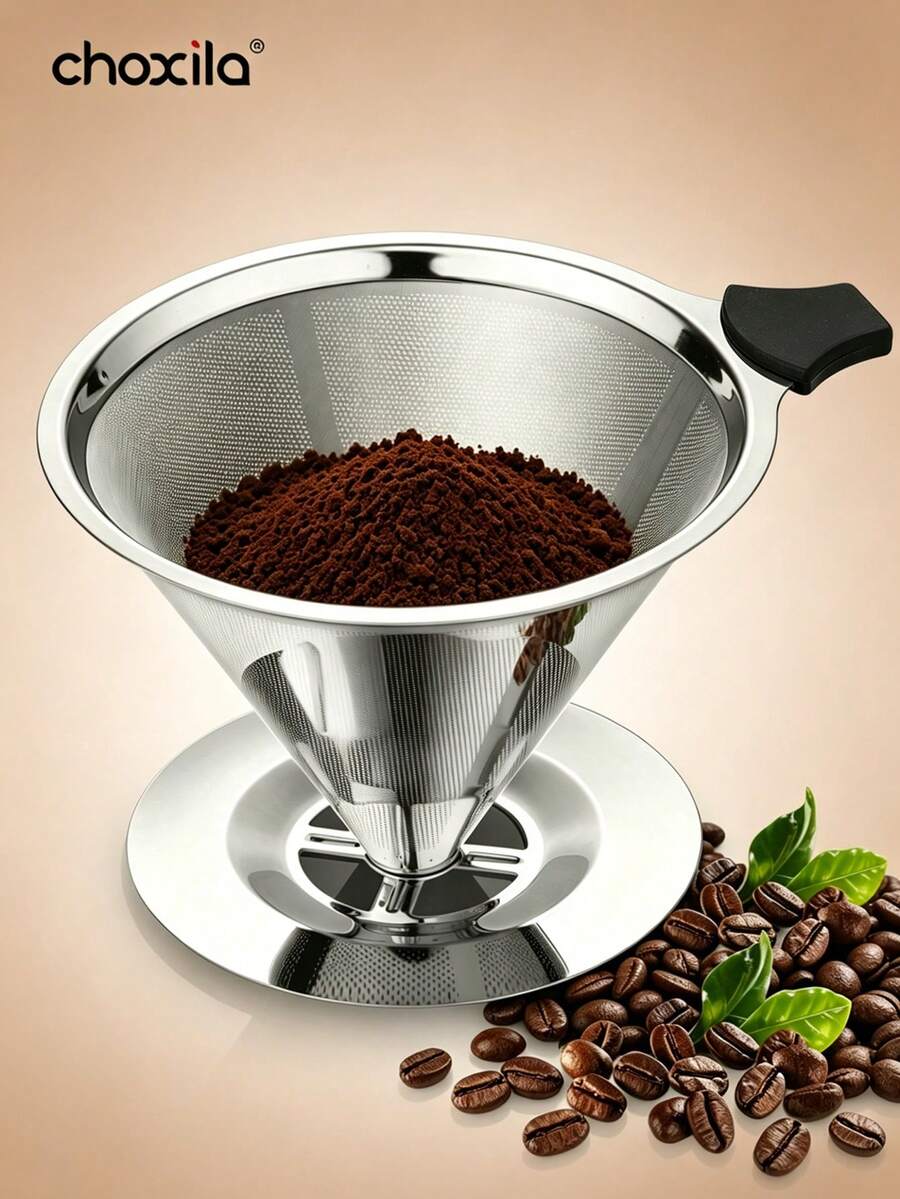 choxila 1 buah Saringan Kopi Stainless Steel yang Dapat Digunakan Kembali, Corong Kopi Tetes dengan Pegangan, Saringan Logam Jaring Halus Cocok untuk Kopi Seduh Dingin, Kopi Brasil, dan Kopi Buatan Rumah - Perak - View 1