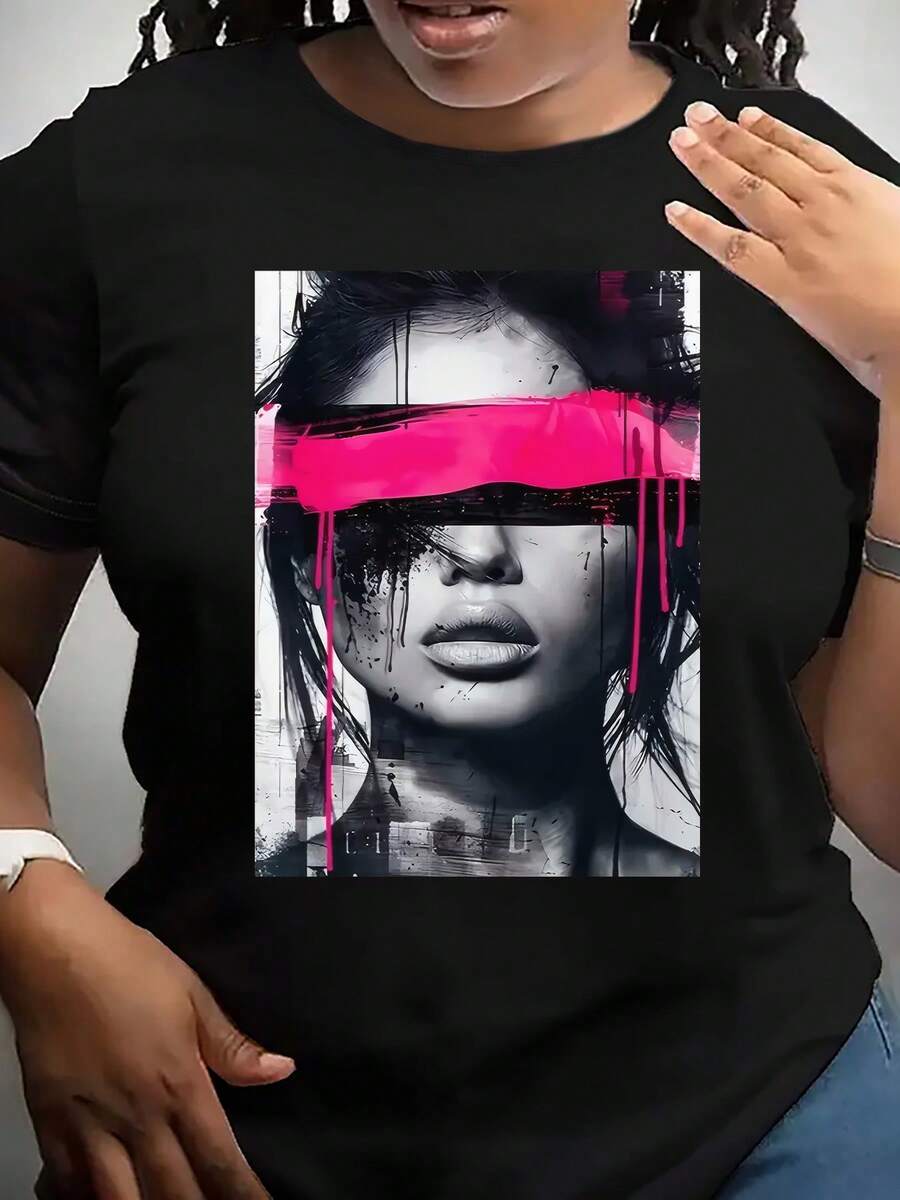 Camiseta con estampado abstracto rosa intenso. Elástica. - Negro - Ver 1