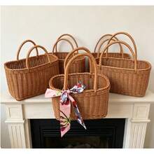 Large Capacity Woven Picnic Basket With Handle, Handmade Imitation Rattan Storage Basket, Rectangular Portable Basket For Outdoor Picnic, Grocery Shopping - View 6