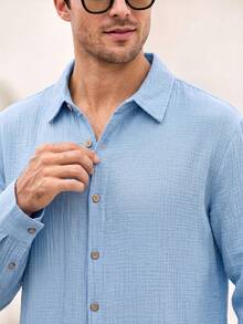 Mercer Haus Men's Linen/Bohemian Style Long Sleeve Shirt, For Holiday Summer/Fall Beach - Blue - View 3