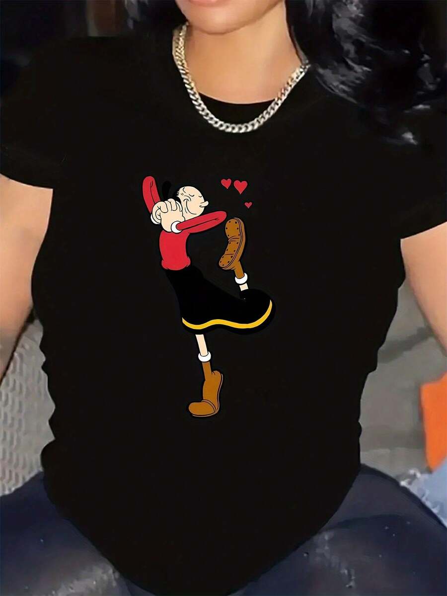 Camiseta de manga corta para mujer con un gráfico de dibujos animados a la moda y cuello redondo - Negro - Ver 1