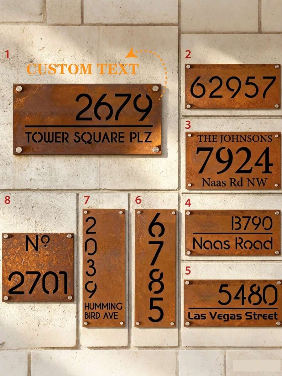 1pc Customized Rusty Metal Address Sign, Outdoor Door Plaque, 2D Printed Faux Rusty Address Plate, Modern Address Sign, Personalized Door Plaque Gift, Iron Material, Wall-Mounted Structure, Customized Welcome Sign | Elegant Door Plaque | Exquisite Design - Multicolor - View 1