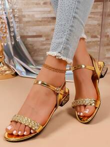 Fashion Women's Rhinestone Decorated Square Toe Open Toe Low Heel Sandals With Buckle Back Strap Roman Shoes, Soft Sole Anti-Slip Breathable Non-Chafing Daily Commute Shopping Casual Vacation Party Date Travel Outdoor Women's Shoes - Gold - View 6