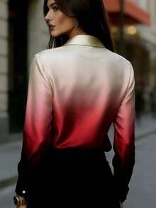 Women's Regular Sleeve Semi-Transparent Ombre Color Chiffon Shirt With Tie Collar, Long Sleeve Blouse - Burgundy - View 3