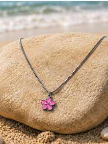 1pc Women's Silver Pendant Necklace, Gift For Girlfriend - Pink Flowers - View 3