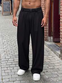 Plus Size Men's Belt Design Casual Loose Straight Leg Versatile Pants - Black - View 3