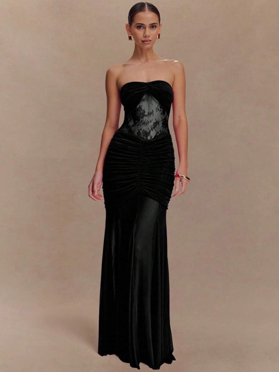 Vestidos casuales y elegantes para fiesta, novedad veraniega bandeja con encaje combinado, corte entallado irregular de estilo chic y distinguido - Negro - Ver 1