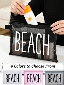 彩色防水網格沙灘包，印有「Beach」彩色字樣、沙灘主題、海星與波浪圖案，大容量透明化妝包，臥室裝飾，返校季 - 彩色 - 查看 4
