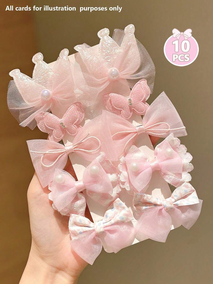 10 piezas Conjunto de pinzas de pelo rosas lindas, diseño de lazo de malla + mariposa de perla, suave y adorable, versátil desde el viaje diario hasta la noche de cita, fácil de crear peinados femeninos, cada pieza es exquisita y duradera